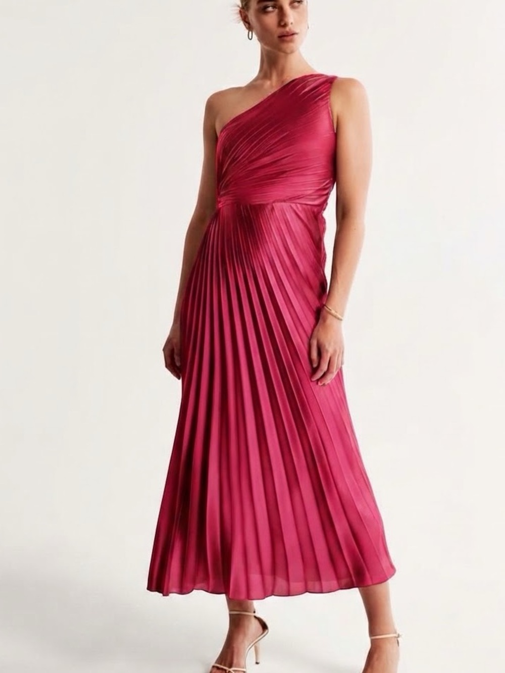 Abercrombie & Fitch Sz XL Giselle Fuchsia One Shoulder Pleat Wedding Midi Dress